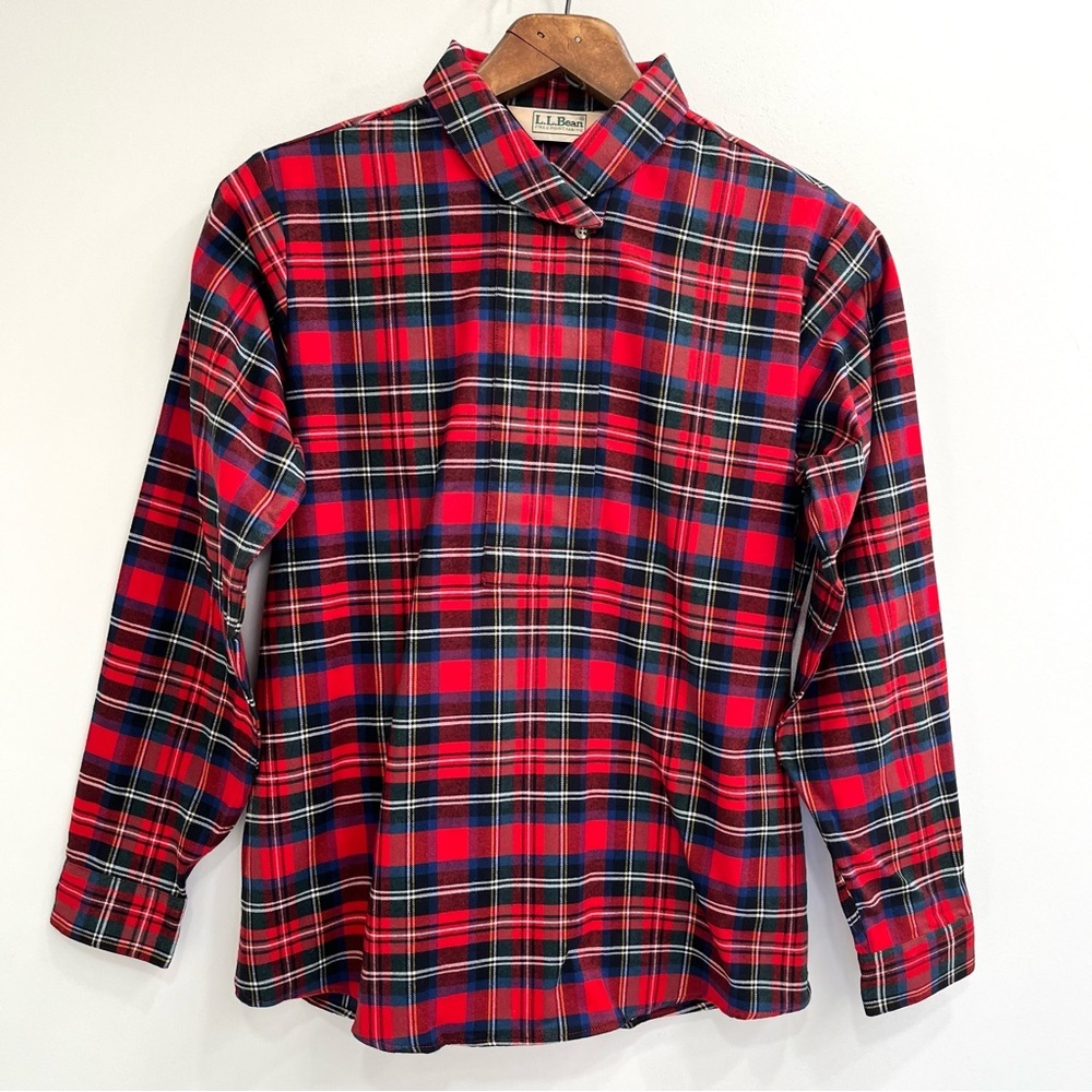 New Vintage L.L Bean Red Flannel Tartan Plaid Popover Top Peter Pan Collar 6